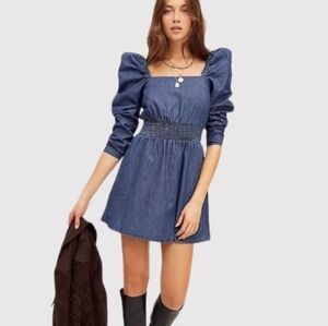 NWT FREE PEOPLE Denim Puff-Sleeve Smocked Waist Mini Dress SZ MED